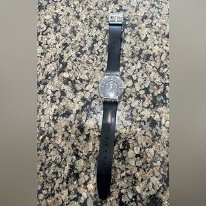 SWATCH Black Rubber Strap Silver Dial Watch Flat face